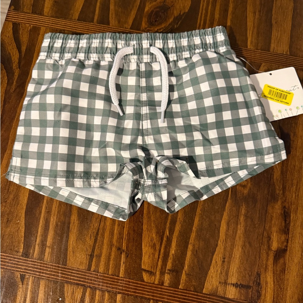 Toddler boy green and White Checkered swim Shorts